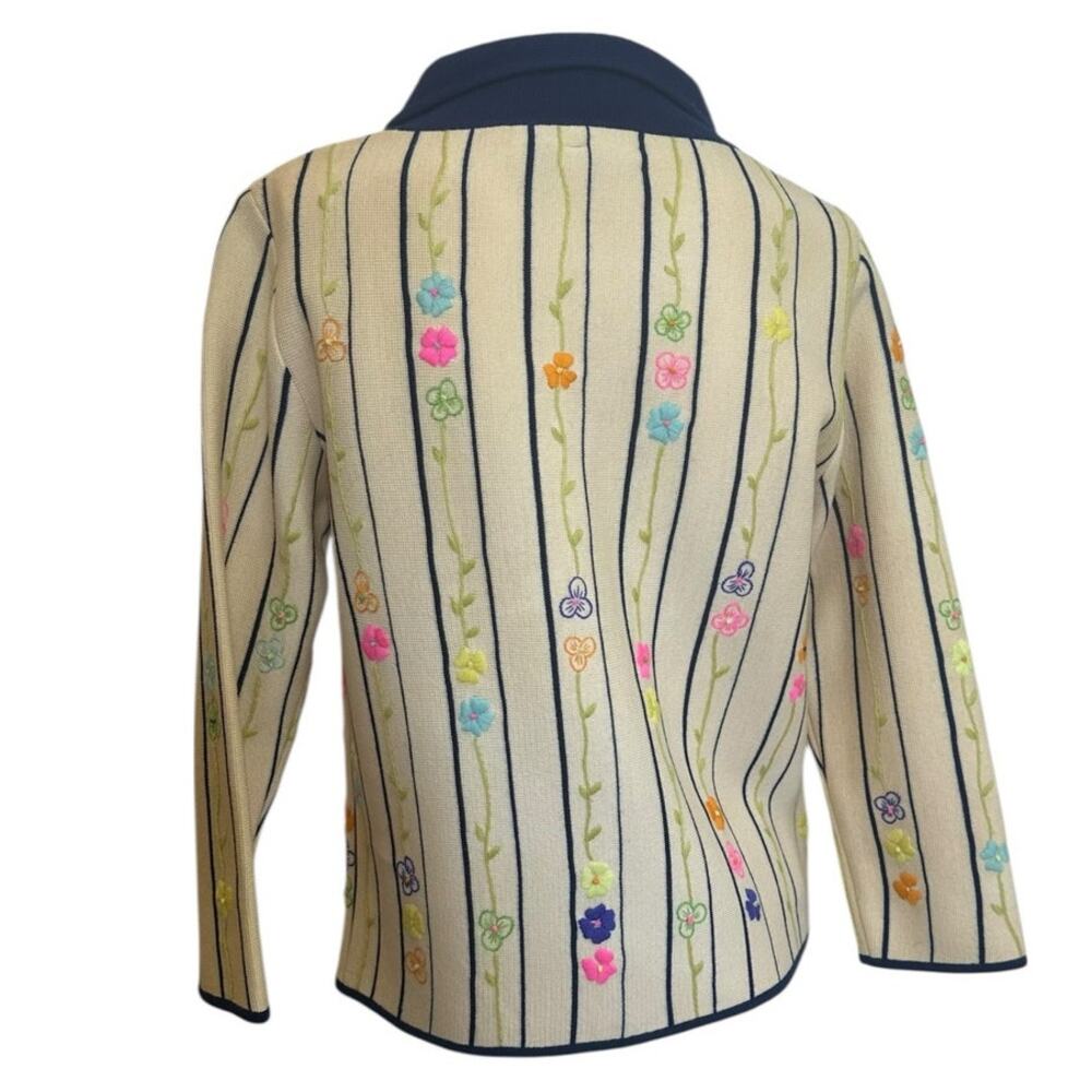 Vintage 60s Puccini Wool Embroidered Floral Stripe Cardigan Mod Preppy Size 8 - Picture 3 of 9